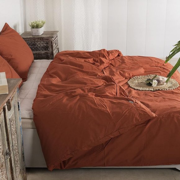 Bed Set 3 piece queen size duvet with pillowcases rust orange color 100% cotton - Picture 2 of 11